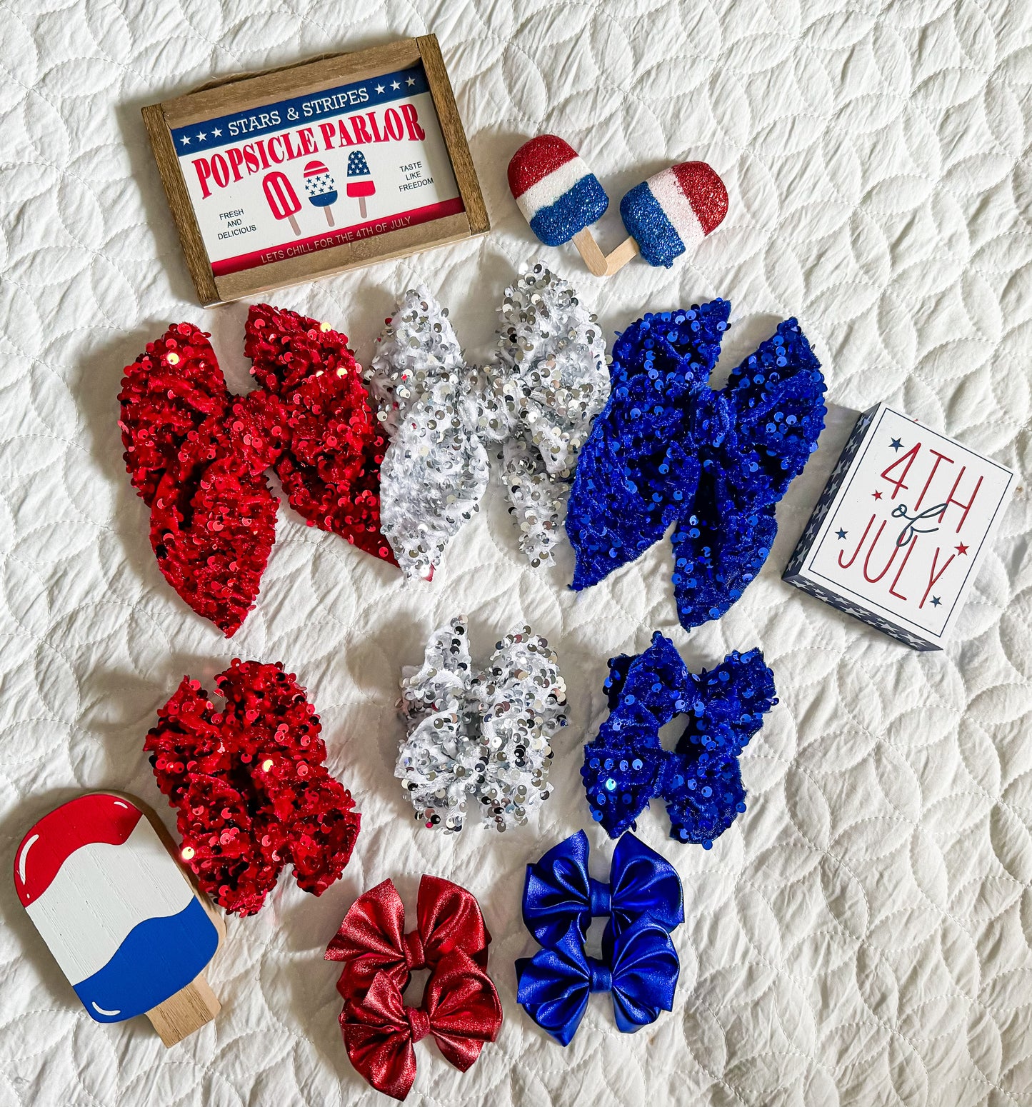 Red, white and blue bows